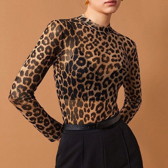 Brown Casual Women's Leopard Print Mesh Top - Picture 6 of 10